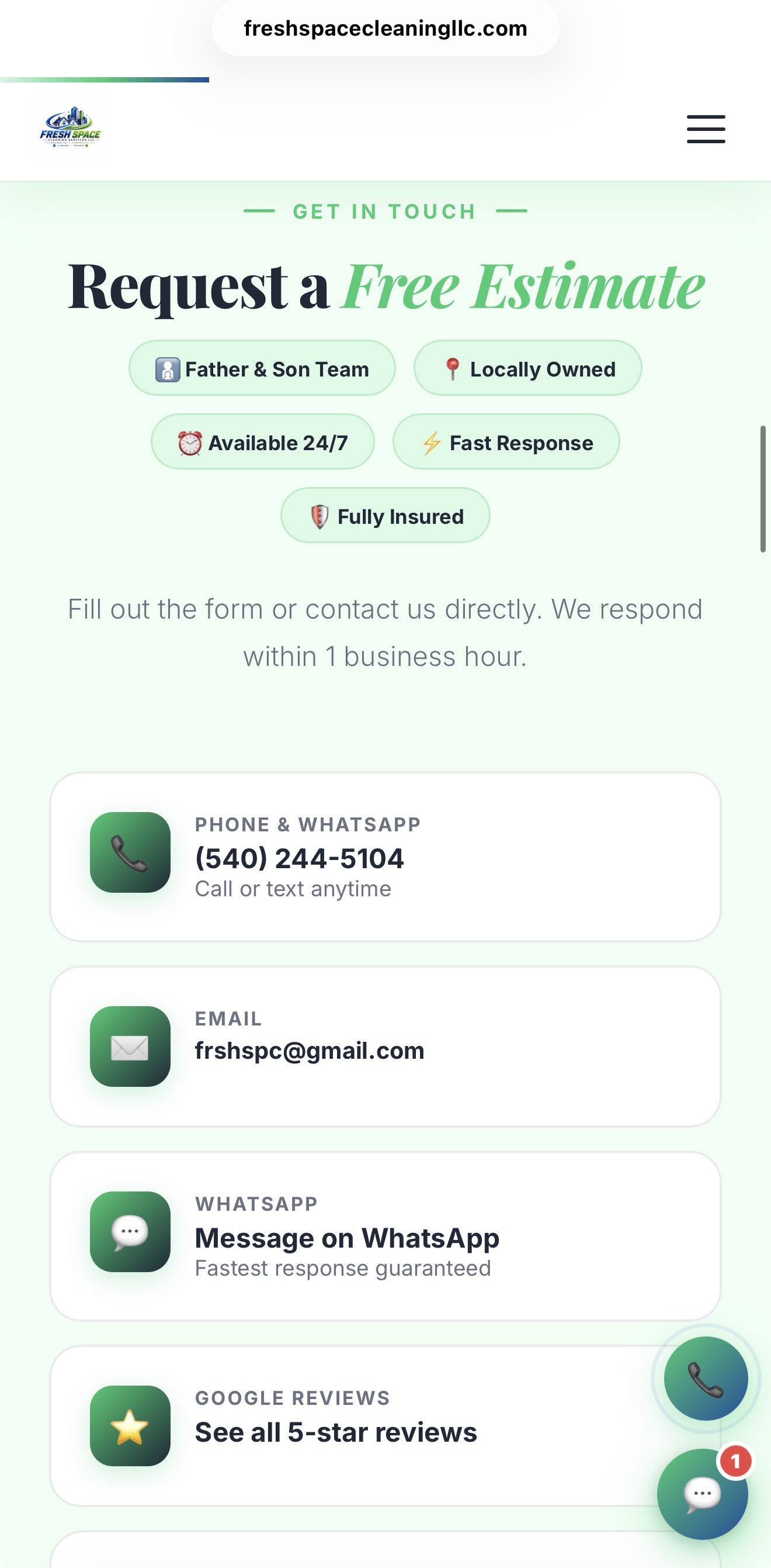 Página de contacto del sitio de Fresh Space, con teléfono, correo y WhatsApp
